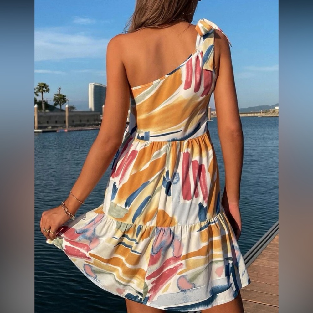 Boho one shoulder watercolor print ruffle hem dress - Picture 3 of 7